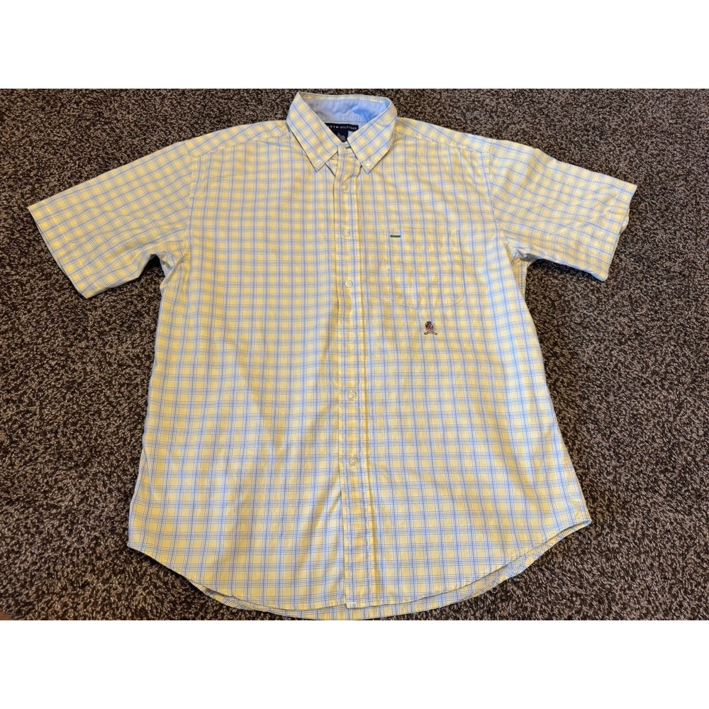 Men's Tommy Hilfiger Blue And Yellow Checkered Plaid Button Up Polo Collared L